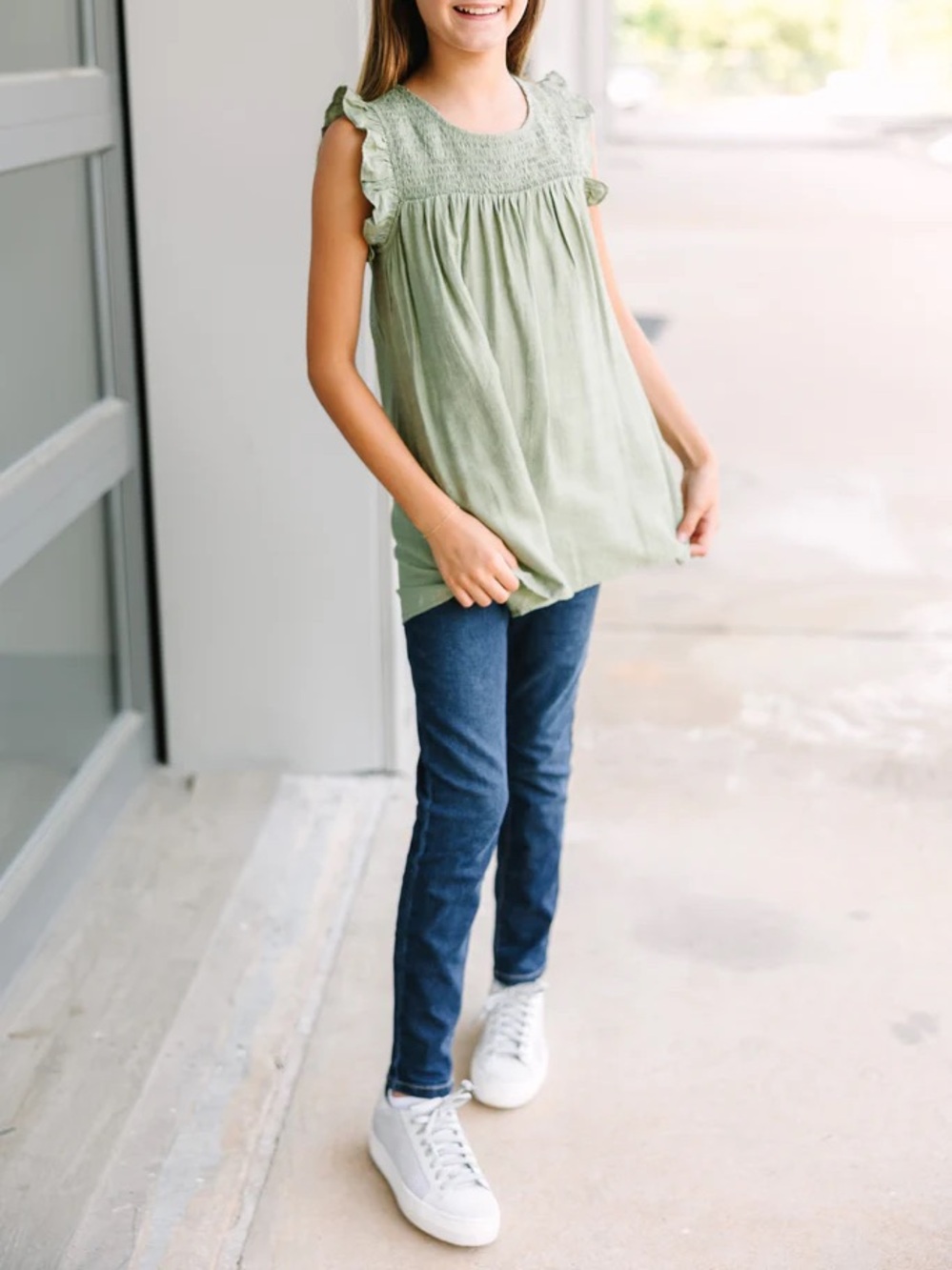 Girls' Sage Green Ruffle Sleeve Top